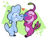  &lt;3 2018 2_toes alien alpha_channel angoraram antennae blue_fur blush chest_tuft digital_drawing_(artwork) digital_media_(artwork) dipstick_antennae disney drowsy_(lilo_and_stitch) duo experiment_(species) eyes_closed fur green_background kissing lax_(lilo_and_stitch) lilo_and_stitch purple_body side_view signature simple_background smile toes tuft 