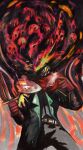 absurd_res affliction anthro belt black_clothing black_hair black_horn blood bodily_fluids canid canid_demon canine canis clothing cthulhu_mythos dagger darkest_dungeon demon duskhound english_text fangs fire fog fur gloves grey_body grey_fur h._p._lovecraft hair handwear head_explosion hellhound hi_res highwayman_(darkest_dungeon) horn hound_of_tindalos huge_filesize interdimensional jacket kerchief male mammal manifesting melee_weapon mythological_canine mythological_creature mythology red_kerchief revelations ruweki solo teeth text topwear transformation weapon wolf