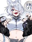  1girl :d animal_ears aqua_eyes black_nails breasts cross-shaped_pupils elira_pendora elira_pendora_(6th_costume) fangs fingerless_gloves fur-trimmed_shorts fur_trim gloves grey_hair hair_over_one_eye highres izdiremk large_breasts linea_alba looking_at_viewer navel nijisanji nijisanji_en open_fly pikl_(elira_pendora) short_hair shorts simple_background smile symbol-shaped_pupils tail virtual_youtuber white_background wolf_ears wolf_tail 