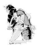  2boys anal armor barefoot blunt_ends blush bottomless bow bridal_gauntlets cape commentary covered_eyes cowboy_shot dual_persona from_side full-face_blush full_body genshin_impact greyscale hair_between_eyes hair_over_eyes half-closed_eyes heart highres holding_another's_wrist japanese_armor jewelry kote kurokote looking_afar male_focus missing_headwear mitsudomoe_(shape) moaning monochrome multiple_boys necklace on_one_knee open_clothes open_shirt pom_pom_(clothes) qiao2121 ring scaramouche_(genshin_impact) scaramouche_(harbinger)_(genshin_impact) selfcest sex sex_from_behind short_hair short_sleeves shorts simple_background smile spanked speech_bubble spoken_heart standing standing_sex teeth tomoe_(symbol) trembling wanderer_(genshin_impact) yaoi 