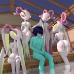 1:1 3d_(artwork) absurd_res antennae_(anatomy) anthro arthropod bangs bathing bedroom_eyes black_hair blue_body blue_skin blush breast_size_difference breasts butt covered_eyes covering covering_crotch covering_penis covering_self darkner deltarune digital_media_(artwork) embarrassed erection female genitals green_eyes group hair hair_over_eyes hi_res hot_spring human human_on_anthro insect interspecies kris_dreemurr looking_at_another lorded male male/female mammal mantis mantis_(deltarune) narrowed_eyes nipples nude onsen red_eyes seductive small_breasts surrounded undertale_(series) vulva water white_body wide_hips