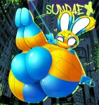 absurd_res anthro balls big_balls big_butt big_ear blue_clothing blush bouncing_balls building bulge butt city city_background clothed clothing cosplay costume digital_media_(artwork) eyebrows eyelashes fingers genitals gesture hand_gesture handwear hi_res huge_balls huge_butt hyper hyper_balls hyper_genitalia lagomorph legs_together legs_up leporid looking_at_viewer male mammal mask rabbit solo spiderman_costume sundae_(sundaebunnyx) sundaebunnyx superhero superhero_costume swing swinging text thick_thighs tight_clothing v_sign white_eyes wide_hipped_male wide_hips yellow_clothes yellow_clothing
