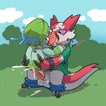 anal argon_vile balls beak bottomwear bottomwear_down bracelet claws clothed clothing eyewear fan_character freckles french_kissing generation_3_pokemon genitals glasses green_clothing green_shirt green_topwear hi_res hybrid_creature jewelry kissing lex_(cappyowo) linoone lombre male male/male male_penetrated male_penetrating male_penetrating_male nintendo pants pants_around_ankles pants_down partially_clothed penetration penis pokemon pokemon_(species) pubes sex shirt spiked_bracelet spikes stand_and_carry_position standing standing_sex topwear zangoose