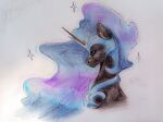 2024 alternate_species armor artist_logo black_body black_fur black_horn blue_eyebrows blue_eyes blue_helmet blue_mane bust_portrait closed_smile colored_pencil_(artwork) english_description english_text equid equine eyebrows female female_feral feral fluffy_ears friendship_is_magic fur grey_inner_ear hasbro hi_res horn logo long_horn long_mane mammal mane mouth_closed multicolored_mane my_little_pony mythological_creature mythological_equine mythology nightmare_moon_(mlp) peytral portrait pupils purple_mane rayrage shaded side_view simple_background slit_pupils smile solo sparkles text traditional_media_(artwork) unicorn white_background white_sclera