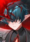  1boy absurdres arknights arknights:_endfield blue_eyes blue_hair camille_(arknights) closed_mouth commentary_request earrings enasuska hair_between_eyes head_tilt highres jewelry looking_at_viewer male_focus neck_tattoo pointy_ears single_earring solo tattoo turtleneck vampire 