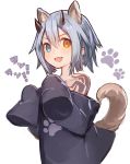 animal_ears blue_eyes commentary_request dog_ears dog_girl dog_tail fang heterochromia horns io_(pso2) light_blue_hair long_sleeves looking_at_viewer paw_pose paw_print phantasy_star phantasy_star_online_2 rk_(rktorinegi) short_hair sleeves_past_fingers sleeves_past_wrists smile solo tail 