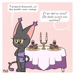 1:1 absurd_res alcohol anthro bandai_namco beverage black_body black_fur blackgatomon blush border claws clothing dialogue digimon digimon_(species) dinner dinner_date eyelashes felid feline female food fur furniture gloves handwear hi_res mammal mr_harinezumi nera_(el_senor_erizo) pasta romantic solo spaghetti spanish_text tail text translated tsundere white_border wine