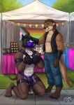 animal_mask anthro anthro_on_anthro barefoot begging begging_pose black_clothing black_topwear black_vest blue_bottomwear blue_clothing blue_eyes blue_jeans blue_pants blue_sky bondage_gear bondage_gloves bottomwear brown_body brown_fur brown_tail bulge canid canine clothed clothing day denim denim_bottomwear denim_clothing duo eye_contact eyebrow_piercing facial_piercing feet fur grass green_eyes hand_on_head handwear harness hi_res hufnaar jeans kneeling lgbt_pride looking_at_another male male/male mammal mask mustelid open_clothing open_topwear open_vest otter outside pants paw_pose piercing plant pose pride_colors pup_mask rainbow_pride_colors sky tail tan_body tan_fur tan_tail tent topwear vest wearing_mask white_body white_fur