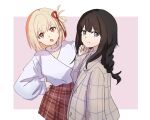  2girls black_hair blonde_hair border braid closed_mouth commentary grey_jacket hair_ribbon ini_yoy inoue_takina jacket long_hair long_sleeves looking_at_viewer lycoris_recoil multiple_girls nishikigi_chisato one_side_up open_mouth outside_border plaid_clothes plaid_skirt purple_eyes red_eyes red_ribbon red_skirt ribbon shirt short_hair skirt white_border white_shirt 