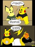 2025 3:4 absurd_res anthro big_butt black_bottomwear black_clothing black_ear_tips black_hair black_markings black_sclera black_shorts black_sleeves black_tail bottomwear brown_background brown_ear_tips brown_hands brown_markings butt cafe chonkymouse clothing colored comic counter crossed_arms dialogue digital_drawing_(artwork) digital_media_(artwork) dipstick_ears dipstick_tail ear_markings english_description english_text fangs flat_colors floating_eyebrows generation_1_pokemon generation_2_pokemon green_clothing green_shirt green_topwear group hair hand_on_table hi_res jewelry male markings motion_lines multicolored_clothing multicolored_ears multicolored_shirt multicolored_topwear necklace nintendo number_on_clothing orange_body pace_(blastoiseanimator) page_number pants pedro_(blastoiseanimator) pichu pikachu pink_cheeks pokeball pokeball_clothing pokemon pokemon_(species) raichu red_cheeks riley_(blastoiseanimator) shirt shorts simple_background simple_eyes speech_bubble tail tail_markings tan_background teeth text thick_thighs tongue tongue_out topwear trio white_bottomwear white_clothing white_eyes white_pants yellow_body yellow_cheeks yellow_clothing yellow_ears yellow_shirt yellow_tail_tip yellow_topwear