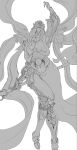 1girl armor armpits breasts breasts_apart clothing_cutout covered_eyes elden_ring elden_ring_nightreign flat_color flying_ribbons full_body greyscale halter_shirt halterneck hand_up helmet helmet_over_eyes highres hip_armor kageisland_9lov monochrome navel navel_cutout ornate_armor plunging_neckline polearm rope_braid sarong solo unfinished weapon weapon_bequeathed_harmonia_(elden_ring) white_background white_sarong wide_hips 