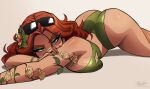  1girl artist_name ass back batman_(series) bikini breasts cannabis_print cleavage colored_skin dc_comics eyewear_on_head flexible fortnite green_bikini green_eyes green_skin highres large_breasts leaf_leotard leotard long_hair looking_at_viewer magaska makeup official_alternate_costume one-piece_swimsuit plant plant_clothing poison_ivy poison_ivy_(chlorophyll_ivy) red_hair reflective_eyewear simple_background solo spread_legs sunglasses swimsuit top-down_bottom-up vines white_background wide_spread_legs 