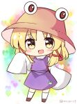  1girl :d animal_print blonde_hair brown_hat chibi chibi_only commentary_request frog_print full_body hair_ribbon hat long_sleeves looking_at_viewer moriya_suwako open_mouth purple_skirt purple_vest ramudia_(lamyun) red_ribbon ribbon shirt skirt sleeves_past_fingers sleeves_past_wrists smile solo standing touhou tress_ribbon twitter_username vest white_shirt yellow_eyes 