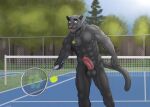 absurd_res animal_genitalia animal_penis ankh ankh_necklace anthro athletic athletic_anthro ball black_body black_fur bodily_fluids casual_erection casual_nudity chain-link_fence english_text erection facial_scar felid feline_genitalia feline_penis fence flaccid fur genital_fluids genitals hi_res jewelry leaking_precum male mammal motion_lines mouldirou necklace pantherine pecs penis plant precum purple_eyes scar smile solo tail tennis_ball tennis_court tennis_racket text tree
