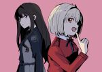  2girls black_hair blonde_hair blue_eyes blue_ribbon commentary dress highres index_finger_raised ini_yoy inoue_takina long_hair long_sleeves lycoris_recoil lycoris_uniform multiple_girls neck_ribbon nishikigi_chisato pink_background purple_eyes red_dress red_eyes ribbon short_hair sidelocks simple_background 