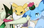 2026 ambiguous_gender anthro bandai_namco black_nose blue_body blue_eyes chillet digimon digimon_(species) flower_(anatomy) flower_trick fur generation_9_pokemon green_body green_fur group hi_res justart mask meowscarada nintendo pal_(species) palworld pink_eyes pink_nose pocketpair pokemon pokemon_(species) renamon trio white_body white_fur yellow_body yellow_fur