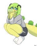 absurd_res anthro artist_name biped black_bottomwear black_clothing black_shorts blue_eyes blush bottomwear clothed clothed_anthro clothed_female clothing colored crouching dinosaur feet female fingers footwear full-length_portrait goodbye_volcano_high green_body green_hair grey_clothing grey_shirt grey_topwear hair hand_on_face head_turned hi_res hotpants humanoid_feet humanoid_hands hyuvevo ko_op_(game_developer) long_hair long_tail looking_at_viewer ornithischian plantigrade portrait pose prehistoric_species reptile scalie shaded shirt shorts side_view simple_background smile smiling_at_viewer socks solo spiked_tail spikes spikes_(anatomy) stegosaurian stegosaurus stella_(gvh_beta) tail text thyreophoran toes topwear white_background