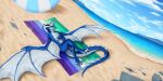 anthro arankay beach blizzard_entertainment claws day digitigrade dracthyr dragon european_mythology fin hand_on_chest hand_over_eye hi_res horn horn_jewelry jewelry lgbt_pride lying male membrane_(anatomy) membranous_wings multicolored_body mythological_creature mythological_scalie mythology nude on_back pride_colors ring_(jewelry) sand scales scalie sea solo tail towel umbrella warcraft water western_dragon wings zakadi