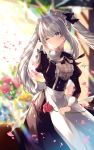  alternate_costume apron blue_eyes blurry depth_of_field enmaided fate/grand_order fate_(series) flower light_rays long_hair long_sleeves looking_to_the_side maid maid_apron maid_headdress marie_antoinette_(fate/grand_order) necomi one_eye_closed parted_lips rose silver_hair smile solo very_long_hair waist_apron 