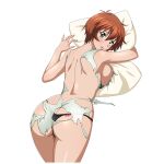  1girl antenna_hair ass back back_cutout bare_back bare_shoulders black_panties blush bob_cut breasts brown_hair chinkyuu_koudai closed_mouth clothing_cutout cowboy_shot dress from_above from_behind game_asset green_dress green_eyes hugging_object ikkitousen ikkitousen_extra_burst large_breasts looking_at_viewer lying no_bra non-web_source official_art on_stomach panties parted_lips pillow pillow_hug see-through_clothes see-through_dress self-datamine short_hair shoulder_blades simple_background sleeveless sleeveless_dress smile solo thong thong_panties torn_clothes torn_dress transparent_background underwear variant_set 