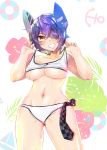  :d absurdres ass_visible_through_thighs bangs bare_arms bare_shoulders bikini bikini_lift breasts brown_eyes checkered collarbone eyepatch floral_background grin hair_between_eyes headgear highres kantai_collection large_breasts lifted_by_self minatasiro navel one_eye_covered open_mouth purple_hair shiny shiny_skin short_hair smile solo sparkle standing stomach strap_lift swimsuit teeth tenryuu_(kantai_collection) thighs underboob v-shaped_eyebrows w_arms white_bikini 