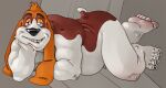 absurd_res anthro barefoot basset_hound belly black_eyebrows black_nose blue_eyes canid canine canis domestic_dog eyebrows feet fur hi_res hunting_dog long_ears looking_at_viewer lying male mammal overweight overweight_male pinup pose ravuer rover_dangerfield_(character) scent_hound short_tail simple_background sleepy_eyes slightly_chubby slightly_chubby_male smile soles solo tail white_body white_fur