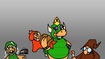 16:9 anthro armor biped black_bracelet bound bracelet breasts brown_body brown_clothing brown_hat brown_headwear clothed clothing eyelashes eyeshadow eyewear female glasses green_body green_eyes green_helmet green_scales green_shell group hair hammer hammer_bro hat headgear headgear_only headwear helmet helmet_only holding_another holding_hammer holding_object holding_scepter holding_tool horn human jewelry koopa looking_at_viewer magikoopa makeup mammal mario_bros mrnarwhalsworth nintendo open_mouth orange_hair princess_peach purple_eyeshadow queen_clawdia_(mrnarwhalsworth) red_crown scales scalie shell shell_spikes smile smiling_at_viewer spiked_bracelet spikes super_mario_bros._(nes) tan_body tan_crown tan_scales tan_skin teeth_showing thick_thighs tools two_tone_crown white_horn wide_hips widescreen yellow_crown