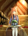 absurdres animal_ears apple bangs barn barrel bitten_apple book box brown_hair ceiling commentary day eyebrows_visible_through_hair feet_out_of_frame food fruit hand_on_own_cheek hand_on_own_face hay hay_bale highres holo indoors light_smile long_hair long_sleeves looking_at_viewer open_book orange_hair pop-up_book red_eyes shirt sidelocks sitting skirt skylight solo spice_and_wolf straw_(stalk) sunlight thighhighs tree vest wheat white_legwear wolf_ears wolf_girl wulu_saijiang 