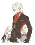  2boys anastasia_(fate/grand_order) antonio_salieri_(fate/grand_order) child closed_eyes color_connection fate/grand_order fate_(series) formal hair_color_connection highres hug iwashi_(iwashi008) kadoc_zemlupus multiple_boys pinstripe_suit red_neckwear silver_hair simple_background smile striped suit torso_grab waist_hug white_background younger 