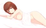  armpits bad_id bad_pixiv_id bangs bed_sheet blanket breasts brown_eyes chouge60229 cleavage closed_mouth dutch_angle eyebrows_visible_through_hair from_side groin katou_megumi looking_at_viewer looking_to_the_side lying medium_breasts nude on_stomach saenai_heroine_no_sodatekata shiny shiny_hair shiny_skin short_hair simple_background smile solo thighs white_background 