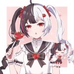  1girl aizawa_hamu alternate_costume black_hair black_sailor_collar hair_ornament heart heart_hair_ornament heart_wand highres holding holding_wand jacket lacrimosa_(nte) looking_at_viewer medium_hair multicolored_hair nail_polish neverness_to_everness open_mouth red_jacket red_nails red_streaks sailor_collar shirt solo split-color_hair streaked_hair twintails two-tone_hair wand white_hair white_shirt 