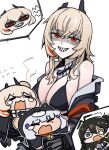  3girls bandana bandana_around_neck black_jacket blonde_hair breasts chibi chibi_inset cleavage commentary_request darture_(girls'_frontline_2) doya_(qkrdbseh1205) flying_sweatdrops girls'_frontline girls'_frontline_2:_exilium grin head_bump highres hk416_(girls'_frontline) horns jacket klukai_(girls'_frontline_2) korean_commentary large_breasts looking_at_viewer m4_sopmod_ii_(girls'_frontline) medium_hair multicolored_hair multiple_girls off_shoulder open_clothes open_jacket red_eyes red_streaks shaded_face sharp_teeth simple_background smile solo_focus soppo_(girls'_frontline_2) streaked_hair teeth white_background 