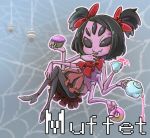  black_hair bow bug chamaji character_name commentary_request crossed_legs cup cupcake doughnut dress extra_eyes fangs food hair_bow hand_on_own_face hand_on_own_knee high_heels looking_at_viewer monster_girl muffet multiple_arms pouring purple_skin reclining saucer short_hair silk spider spider_web spider_web_print teacup teapot text_focus two_side_up undertale vest 