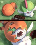 absurdres biting biting_head black_sclera blood blush bob_cut bowl_cut candy chocolate chocolate_bar colored_sclera colored_skin commentary covered_eyes english_commentary food food_in_mouth grass green_hair hair_over_eyes half-closed_eyes highres injury motion_blur n3kotsu no_humans one_eye_closed open_mouth outstretched_arms pokemon pokemon_(creature) pokemon_focus ralts red_eyes screaming sharp_teeth short_hair split_screen spread_arms symbol-shaped_pupils tearing_up teeth trapinch wavy_mouth white_skin 