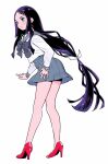  1girl aqua_eyes bare_legs blue_bow blue_bowtie blue_sailor_collar blue_skirt bow bowtie closed_mouth commentary_request expressionless eyelashes forehead from_side full_body hair_bow hand_on_own_hip high-waist_skirt high_heels highres kari_(kakko_k) light_frown long_hair long_sidelocks long_sleeves looking_ahead low-tied_long_hair miniskirt original pleated_skirt puffy_long_sleeves puffy_sleeves purple_hair red_shoes sailor_collar school_uniform serafuku shirt shoes sidelocks simple_background skirt solo standing stiletto_heels thick_eyebrows very_long_hair white_background white_bow white_shirt 