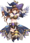  &gt;:) ;) ;p bandeau bangs bare_shoulders beatrix_(granblue_fantasy) black_gloves black_ribbon blue_hat blush breasts brown_hair cleavage closed_mouth commentary_request detached_collar detached_sleeves frilled_shorts frills gloves granblue_fantasy green_eyes hair_between_eyes halloween halloween_costume happy_halloween hat highres large_breasts long_hair long_sleeves looking_at_viewer michihasu navel one_eye_closed orange_background ribbon short_shorts shorts showgirl_skirt simple_background smile solo striped striped_legwear thighhighs tongue tongue_out v-shaped_eyebrows wide_sleeves witch_hat 