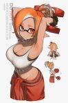  1girl :o anchor_hair_ornament armpits arms_behind_head arms_up artist_name black_gloves breasts cleavage commentary_request cropped_legs dumbbell exercising faceless faceless_female freckles gloves hair_ornament highres holding holding_dumbbell huge_breasts inkling inkling_girl inkling_player_character jinkoika jumpsuit jumpsuit_around_waist looking_at_viewer mechanic_(splatoon_raiders) motion_lines multiple_views navel open_mouth orange_eyes orange_hair orange_jumpsuit shirt short_eyebrows simple_background splatoon_(series) splatoon_raiders stomach sweat tank_top tentacle_hair thick_eyebrows tied_shirt twitter_username weightlifting white_background white_tank_top 