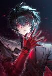  1boy arknights arknights:_endfield arm_up armor blue_hair camille_(arknights) closed_mouth commentary_request dasong earrings embers gloves hair_between_eyes head_tilt highres jewelry looking_at_viewer male_focus multiple_rings neck_tattoo pointy_ears red_eyes red_gloves ring shoulder_armor single_earring solo tattoo turtleneck vampire watermark 