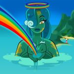 1:1 absurd_res beach diadei dryad elemental_creature elemental_humanoid female flora_fauna green_body green_skin halo hi_res humanoid inzira island lighthouse lips liquid_hair macro mineral_fauna nude one_eye_obstructed pier plant plant_humanoid pseudo_hair rainbow rainbow_halo sea shack solo thick_lips vitiligo water waterfall yalen-the-untaggable yellow_eyes
