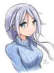  artist_name blue_sweater blush braid breasts commentary_request curse_(023) dated highres kantai_collection long_hair looking_at_viewer medium_breasts mole mole_under_eye neck single_braid solo sweater turtleneck umikaze_(kantai_collection) white_background 