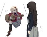  2girls acoustic_guitar belt black_hair black_socks blonde_hair blue_belt blue_dress blue_ribbon brown_shoes commentary dress grey_dress guitar hair_ribbon ini_yoy inoue_takina instrument invisible_chair kneehighs long_hair long_sleeves lycoris_recoil lycoris_uniform multiple_girls musical_note neck_ribbon nishikigi_chisato open_mouth playing_guitar playing_instrument pleated_dress red_belt red_dress red_ribbon ribbon shoes short_hair sidelocks simple_background sitting socks two-tone_dress white_background 