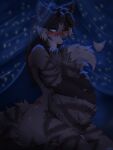 3:4 anthro athletic athletic_female bedding blue_eyes blush blushing_profusely brown_hair canid canine covering covering_self covering_self_with_tail cute_fangs ear_scar eye_scar facial_scar fangs female fluffyscar fox fur glowing glowing_eyes grey_body grey_fox grey_fur hair hariasa_(fluffyscar) hi_res holding_own_tail holding_tail looking_down mammal nude nude_female scar scarred_body shy smile solo star tail tasteful_nudity teeth urocyon white_hair_tips wide_hips
