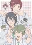  3boys ahoge black_hair blue_eyes brown_hair closed_eyes dramatic_stars_(idolmaster) glasses green_hair highres idolmaster idolmaster_side-m kashiwagi_tsubasa male_focus multiple_boys mushibanai necktie open_mouth sakuraba_kaoru shirt smile tendo_teru white_shirt 