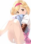  blonde_hair blush brown_eyes commentary_request detached_sleeves djeeta_(granblue_fantasy) dress granblue_fantasy hairband looking_at_viewer nasunoko pillow pillow_hug pink_dress pink_hairband puffy_short_sleeves puffy_sleeves short_hair short_sleeves simple_background solo white_background 