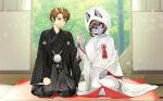 absurd_res anthro asian_clothing canid canine canis clothing digit_ring duo east_asian_clothing female green_eyes hand_holding hi_res human japanese_clothing japanese_fan japanese_wedding jewelry male male/female mammal mochi0come purple_eyes ring wedding_ring wolf