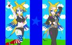  2girls absurdres american_flag american_flag_print animal_ears bangle belt black_jacket black_pants black_shirt blonde_hair blue_eyes blue_hair bracelet breasts cleavage commentary_request crop_top feet_out_of_frame flag_print grey_vest grin hair_over_one_eye highres horse_ears horse_girl horse_tail index_finger_raised jacket jewelry long_bangs long_hair looking_at_viewer medium_breasts mesmerizer_(vocaloid) multicolored_hair multiple_girls nobu_(sfam7588) obey_your_master_(butler)_(umamusume) obey_your_master_(racing)_(umamusume) obey_your_master_(umamusume) open_mouth pants shirt single_thighhigh sleeveless sleeveless_shirt smile star_(symbol) tail thighhighs two-tone_hair umamusume very_long_hair vest white_belt white_shirt 