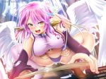  angel_wings artist_name blush book breasts feathered_wings gloves gradient_hair halo ikemura_hiroichi jibril_(no_game_no_life) large_breasts long_hair low_wings magazine magic_circle midriff multicolored_hair navel no_game_no_life open_mouth pink_hair sideboob solo squatting tattoo thighs very_long_hair white_wings wing_ears wings yellow_eyes 