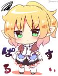  1girl :/ arm_warmers black_skirt blonde_hair brown_shirt chibi chibi_only closed_mouth commentary_request full_body green_eyes highres leg_warmers looking_at_viewer mizuhashi_parsee pointy_ears ramudia_(lamyun) scarf shirt short_hair short_sleeves skirt solo squiggle touhou translation_request twitter_username white_background white_scarf 