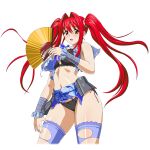  1girl :o armor black_bra black_panties blue_bow blue_sash blue_shirt blue_skirt blue_thighhighs blush bow bra breasts brown_eyes capelet cowboy_shot crop_top curtained_hair folding_fan game_asset hair_tie hand_fan hand_up hip_armor holding holding_fan ikkitousen ikkitousen_extra_burst japanese_armor kanpei_(ikkitousen) kusazuri lace-trimmed_bra lace-trimmed_panties lace_trim large_breasts long_hair looking_at_viewer midriff navel non-web_source obi obijime official_art open_mouth panties print_sash red_hair sash self-datamine shirt simple_background skirt solo thighhighs torn_capelet torn_clothes torn_shirt torn_skirt transparent_background twintails underwear variant_set white_capelet wristband 