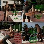 1:1 3d_(artwork) 4_panel_comic absurd_res all_caps angry anthro balls barely_visible_balls barely_visible_genitalia big_tail biped black_bottomwear black_clothing black_shorts blue_eyewear blue_goggles bottomwear brown_body brown_eyes brown_fur building chair civ_(civilotterneer) civilotterneer clothing comic confident_stance countershade_face countershade_fur countershade_tail countershade_torso countershading covering covering_crotch covering_eyes covering_face covering_mouth covering_penis covering_self dark_sclera demon dialogue digital_media_(artwork) duo embarrassing_nudity english_text evergreen_tree eyewear fence floor fur furniture genitals goggles goggles_around_neck green_text_border grey_clothing grey_shirt grey_topwear hair hi_res horn kneeling laugh livic_(civilotterneer) lontra lounge_chair male male_anthro mammal mustelid natural_colors naturally_censored north_american_river_otter nude nude_anthro nude_male oblivious otter outside pine_tree plant poolside pri(demon)th railing red_eyes red_horn red_text_border river_otter shirt shorts standing swimming_pool tail tan_body tan_fur text text_on_clothing tile tile_floor topwear tree wet_hair white_text_border